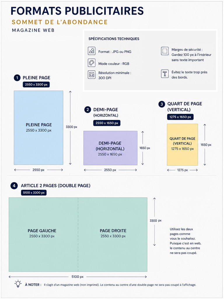 Instructions des dimensions publicitaires pour le Magazine Web du Sommet de l'Abondance